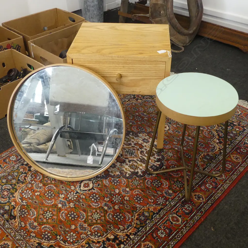 AMERICAN OAK BEDSIDE DRAWER 425x355x525mm + ROUND STOOL H.455mm & MIRROR 520mm dia Image 1++