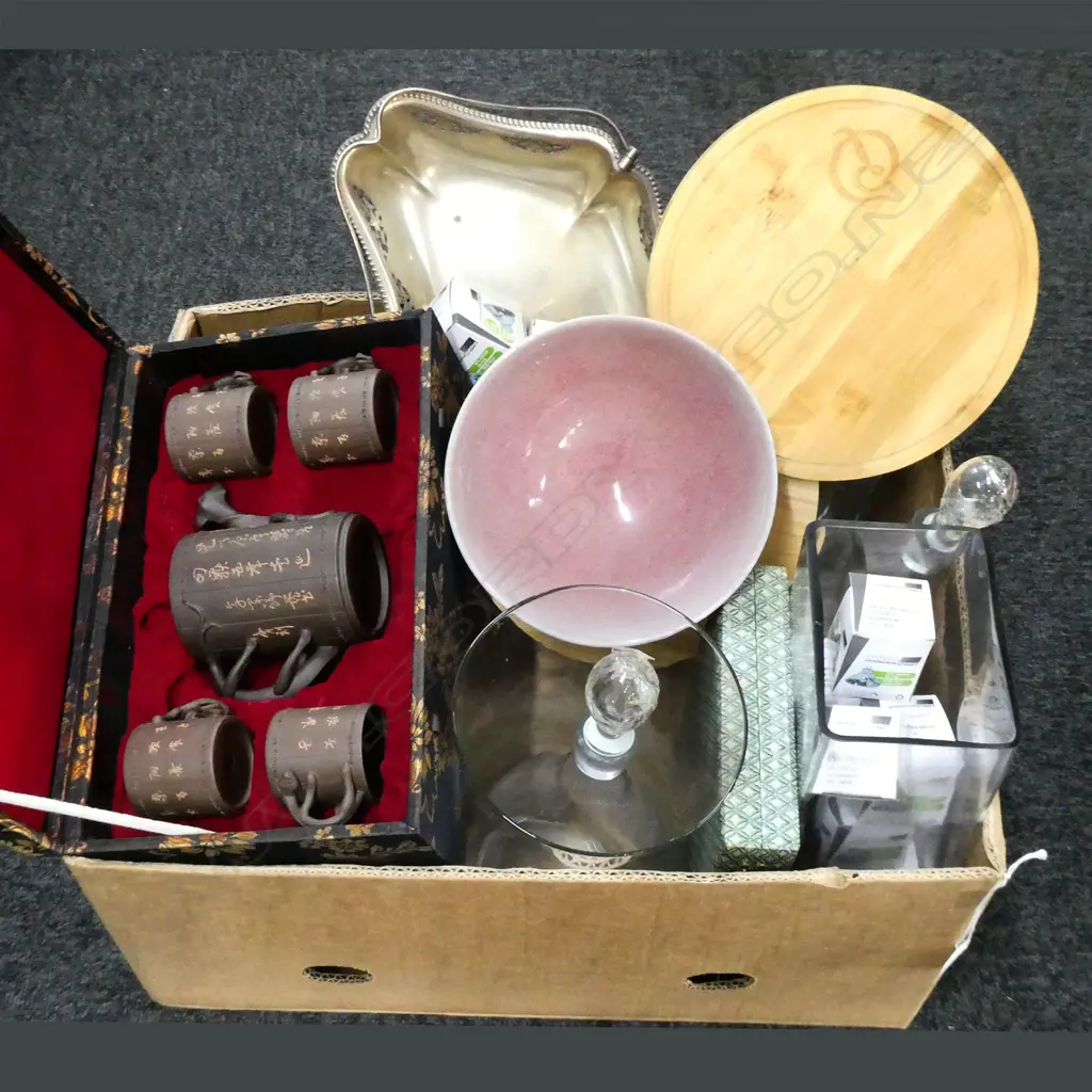 GLASS VASES, CASED FISH SET & YIXING WARE TEA SET, ETC Image 1++