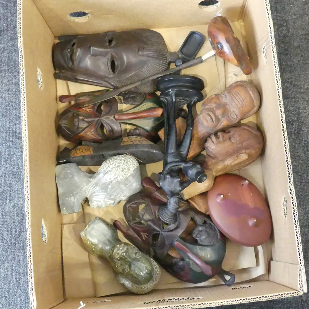 13PC COLLECTION AFRICAN MASKS BUSTS POTTERY SPEAR TOP ETC Image 1++