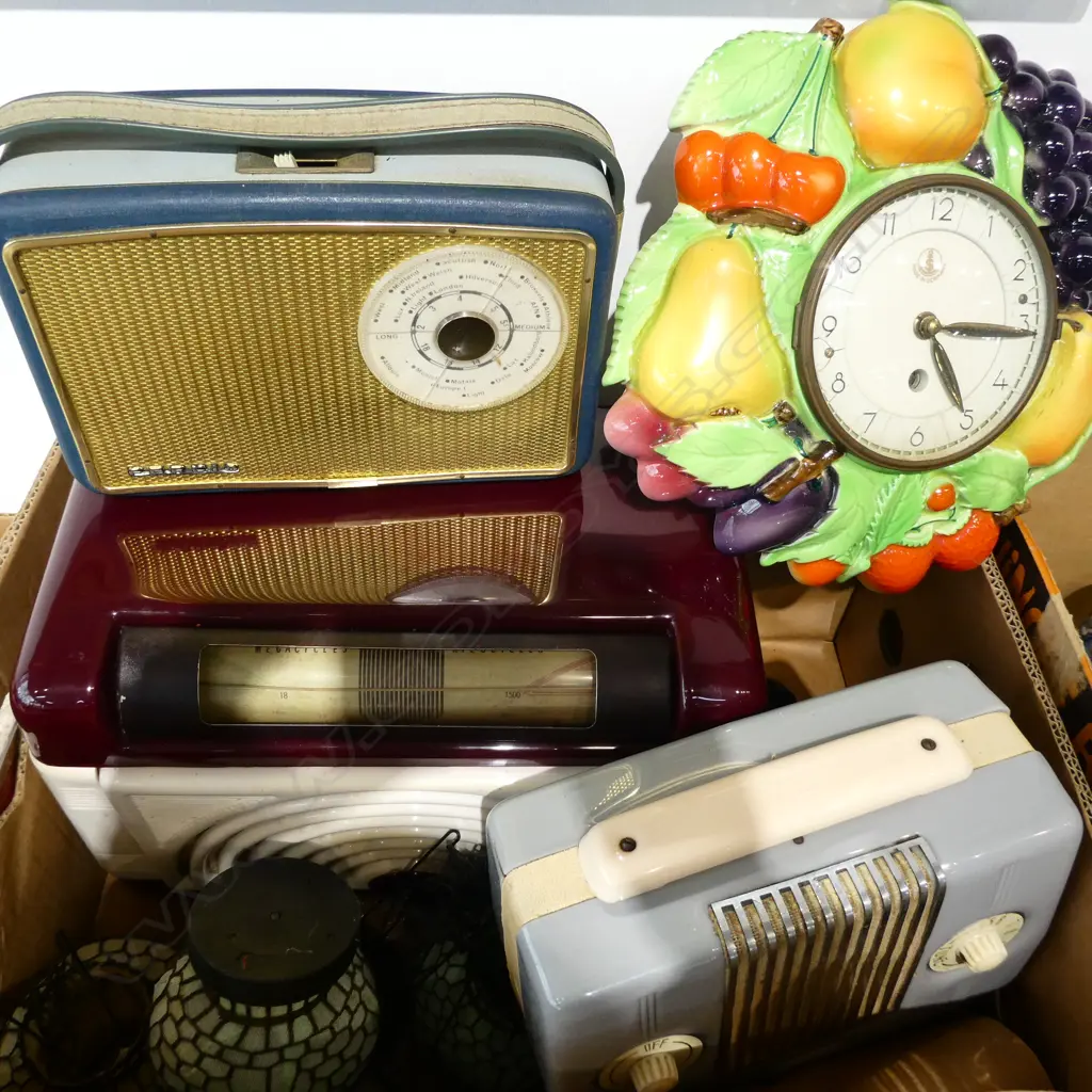 VINTAGE RADIOS, 6 LANTERNS, FRUIT WALL CLOCK Image 1++