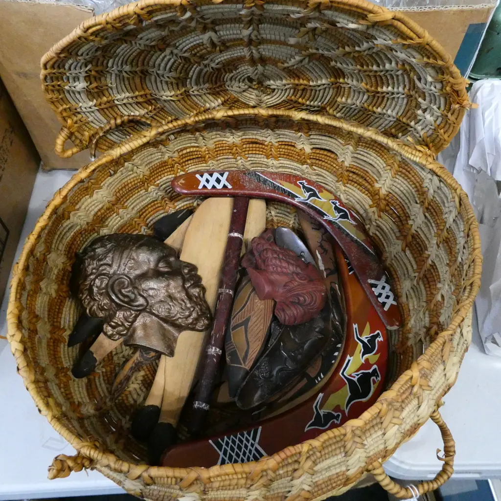 ASST. AUSTRALIAN ABORIGINAL SOUVENIRS IN LIDDED CANE BASKET Image 1++