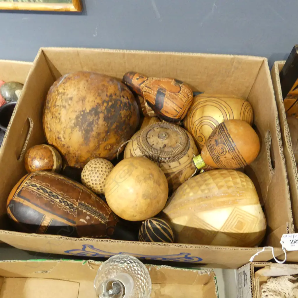 COLLECTION OF AFRICAN CARVED & PAINTED GOURDS Image 1++