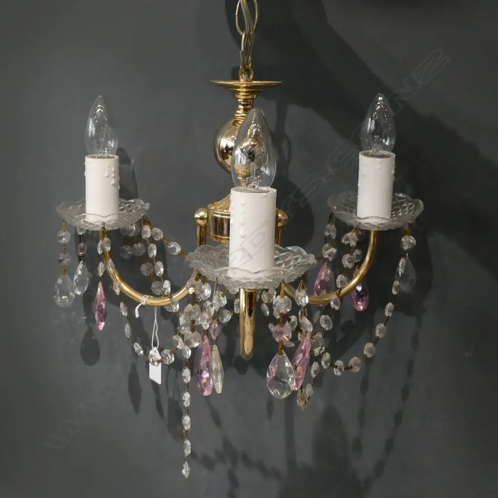 CHANDELIER WITH CRYSTAL & PINK CRYSTAL FACETED DROPS – REWIRED & WORKING, L550MM Image 1++