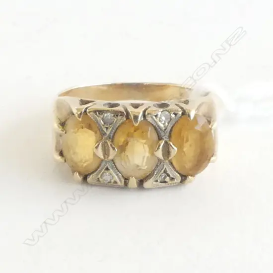 9ct GOLD SET CITRINE/DIAMOND BRIDGE RING 3.9gm SIZE L CHIP TO CENTRE STONE