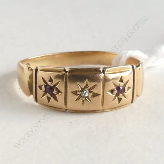 c.1900 18CT YELLOW GOLD RUBY & DIAMOND RING 2.7gms.( band not round) SIZE P