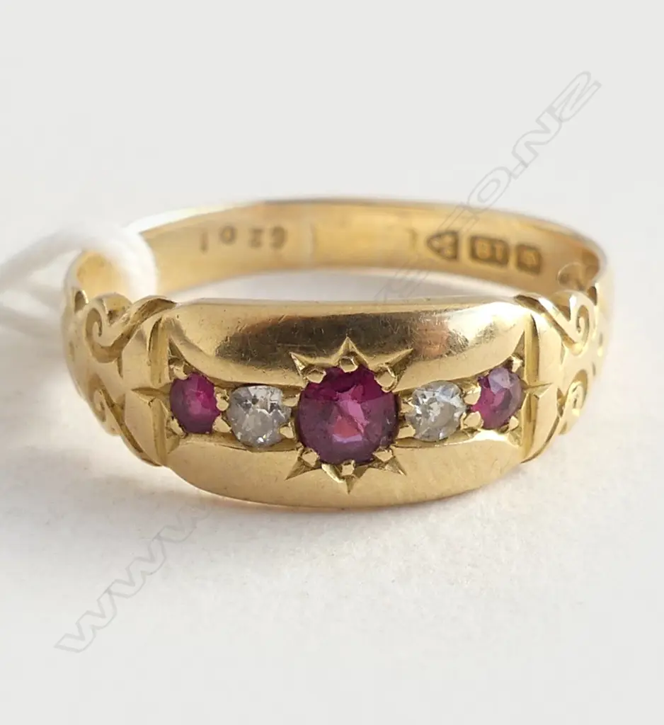 c.1900 18CT YELLOW GOLD RUBY & DIAMOND RING Chester hallmarks 4gms. band slightly out of round SIZE S Image 1++