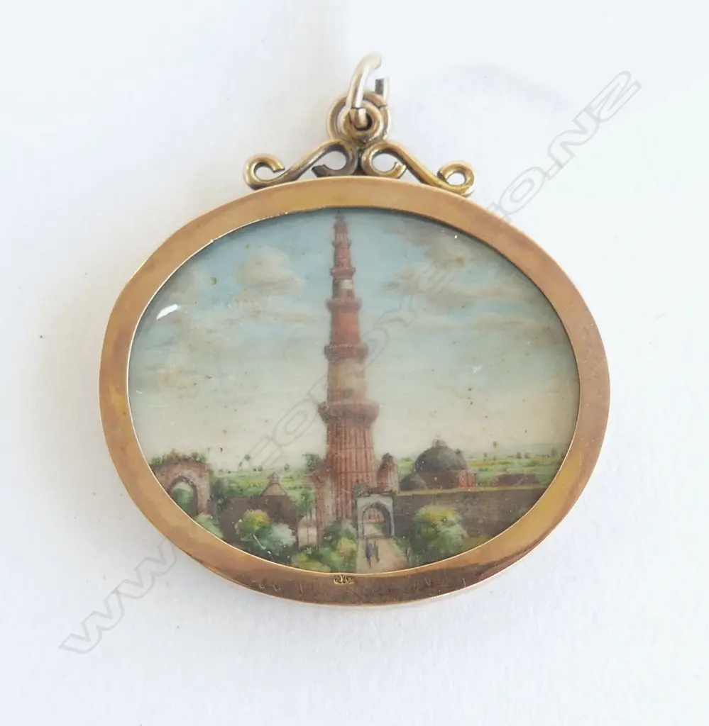9CT GOLD FRAMED MINITURE PAINTING OF MINARET ON IVORY  TOTAL WIEGHT 18G Image 1++