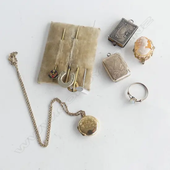 ASST. JEWELLERY; 4 STICK PINS, GP CAMEO, OPAL RING AF, 2 GOLD? LOCKETS, MINI ALBUM