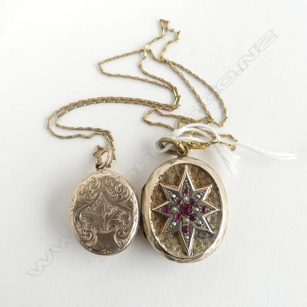 2 GOLD LINED  LOCKETS, 1 ROLD GOLD CHAIN 16.4gms (some repairs to one) Image 1++