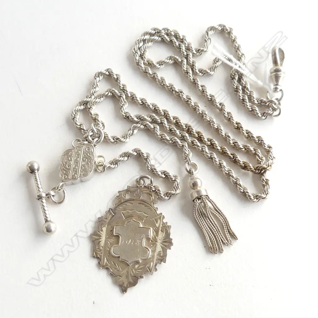 STG SILVER NECKLACE w. MEDAL, TASSEL & T BAR 35gms Image 1++