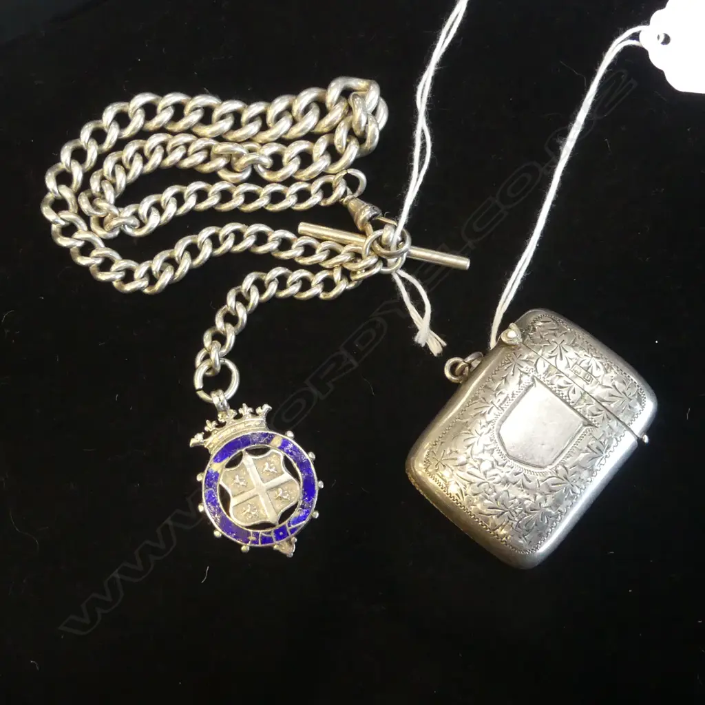 STG SILVER VESTA B'HAM 1919 ON FOB CHAIN w. MEDAL 84gms Image 1++
