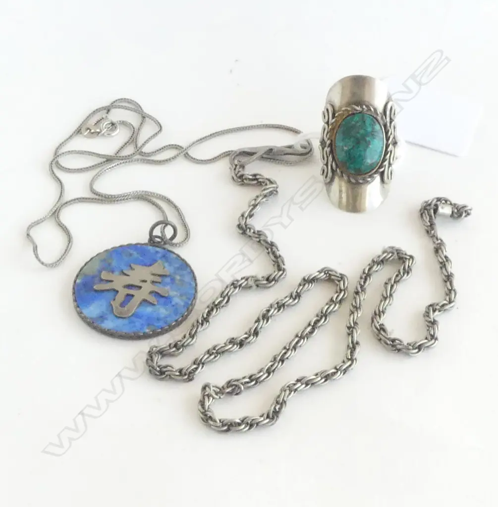 3 PCS VINTAGE SILVER; RING w CENTRAL TURQUOISE STONE, CHAIN & CHINESE PENDANT ON CHAIN Image 1++