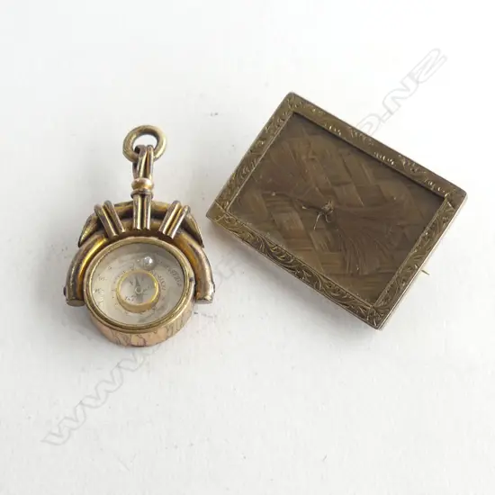 HAIR BROOCH 35x25mm, GP FOB SPINNER PENDANT w. COMPASS & THERMOMETER (WORN)