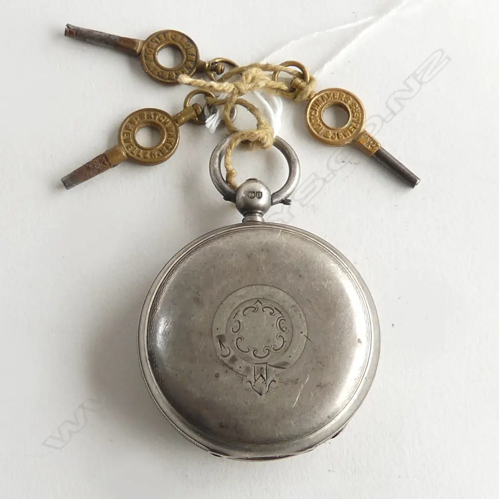 SILVER ROTHERHAMS FUSEE MOVEMENT POCKET WATCH + 3 NZ MAKER WATCH KEYS: Louis Kerr + 2x Brown & Kerr of Nelson  Image 1++