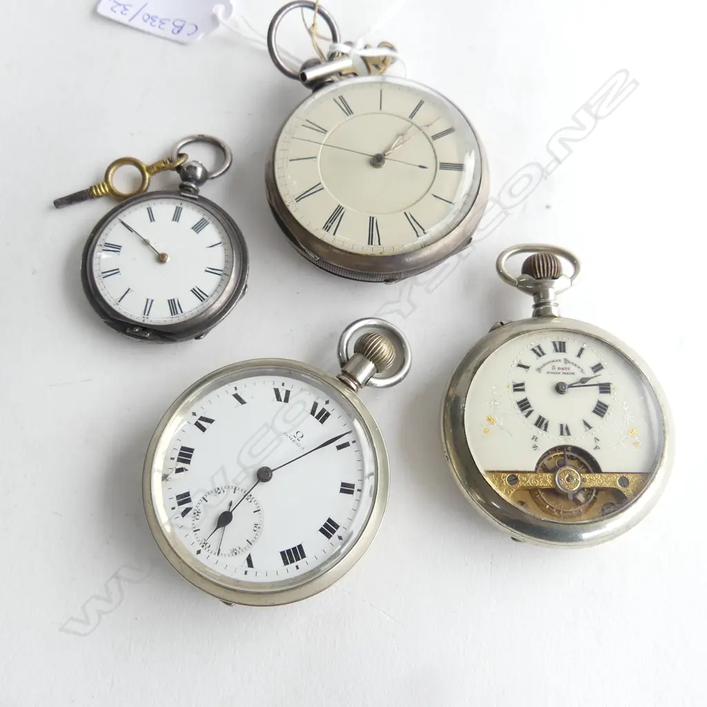 4 POCKETWATCHES; OMEGA (CHIP), STG SILVER, 2 OTHER Image 1++