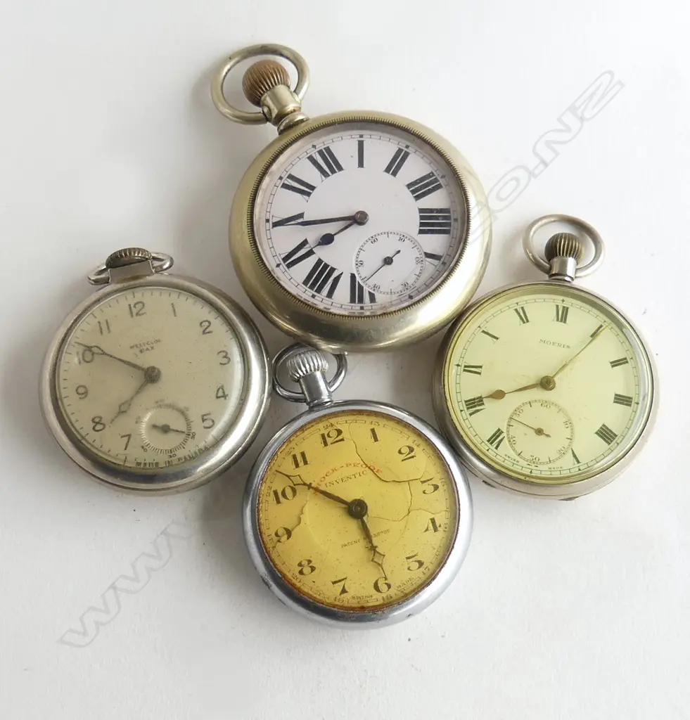 4 VINTAGE FOB WATCHES chrome & white metal cases Image 1++