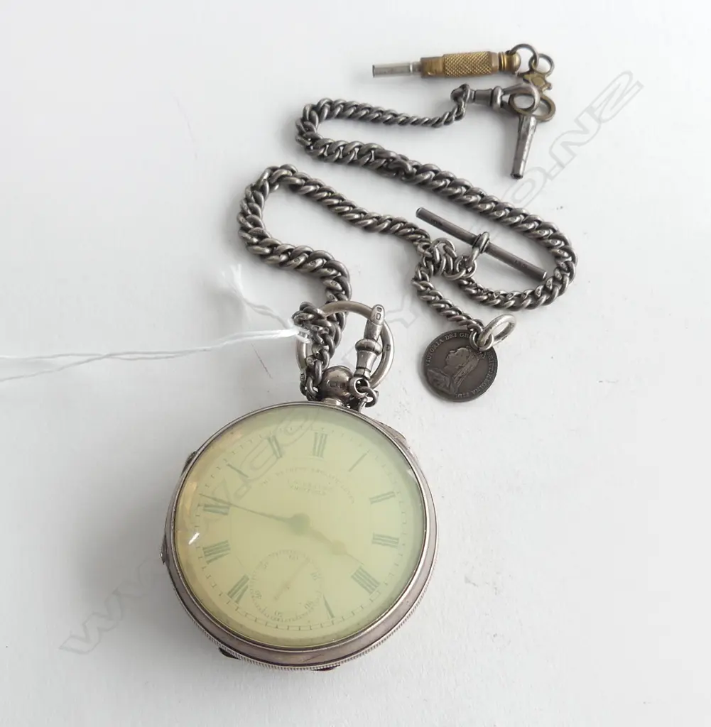 STG SILVER POCKET WATCH 'THE EXPRESS ENGLISH LEVER' CHESTER 1900 + FOB CHAIN & KEYS, 166gms Image 1++
