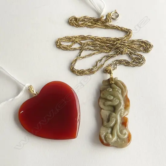 JADE PENDANT & CARNELIAN  HEART PENDENT WITH GOLD BALES