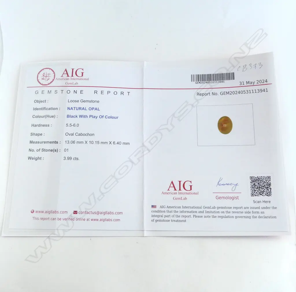 OVAL OPAL CABOCHON BLK w PLAY OF COLOUR. 3.99ct. AIG report Image 1++