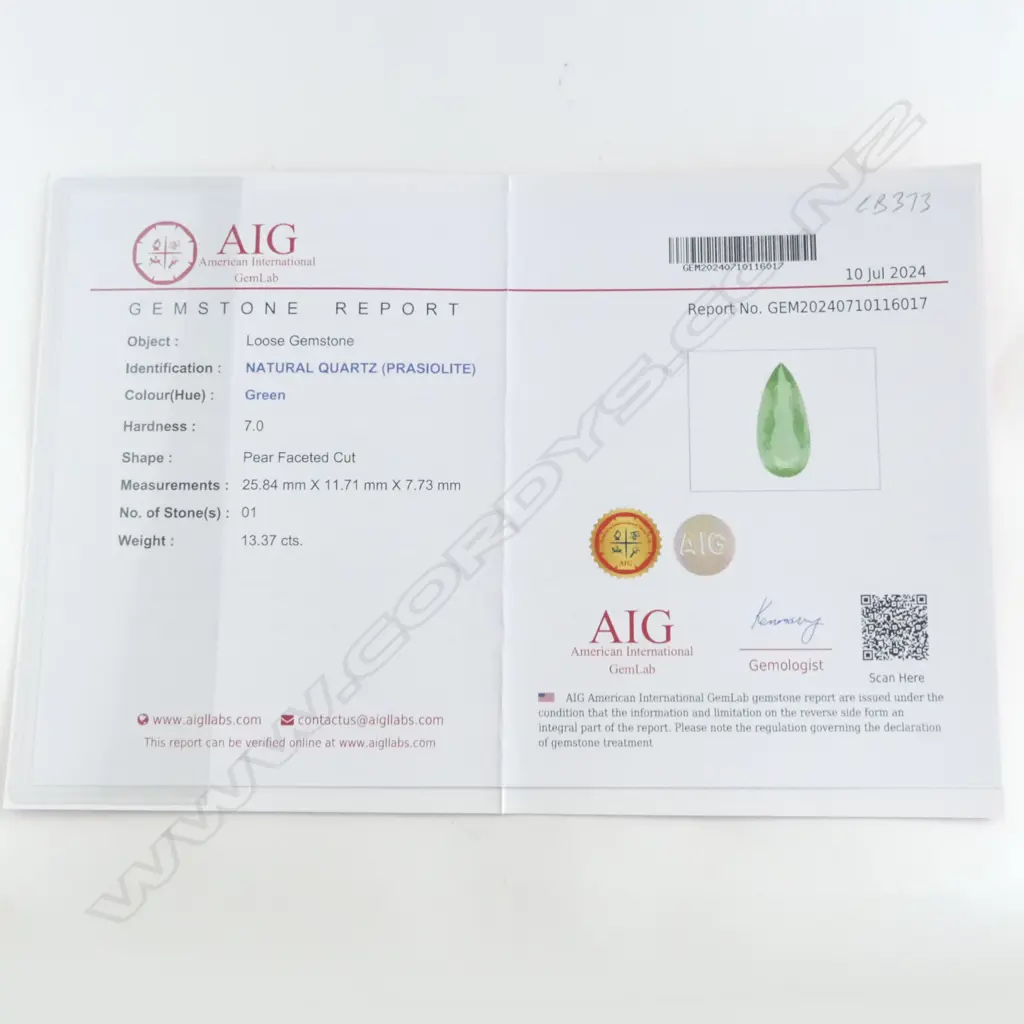 PEAR FACETED GREEN QUARTZ (PRASIOLITE) 13.37ct. AIG REPORT Image 1++