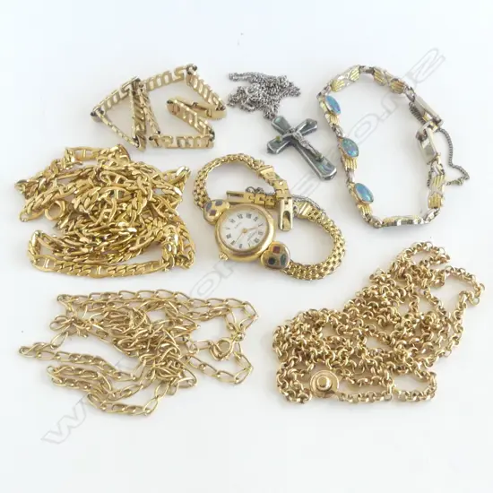 3 GP NECKLACES, 2 BRACELETS, WRIST WATCH, CRUCIFIX PENDANT NECKLACE