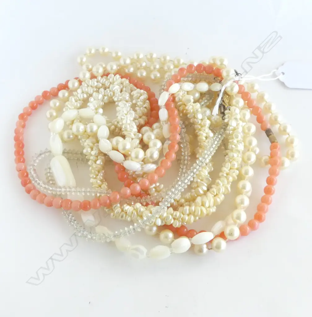 5 NECKLACES INCLDS STRAND OF RICE PEARLS & LONG STRAND OF CRYSTAL Image 1++