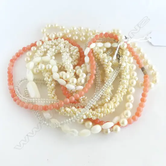 5 NECKLACES INCLDS STRAND OF RICE PEARLS & LONG STRAND OF CRYSTAL