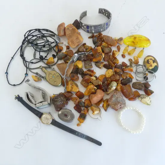 ASST. COSTUME JEWELLERY INCL. 925 BANGLE 31gms, WATCHES, AMBER BEADS ETC