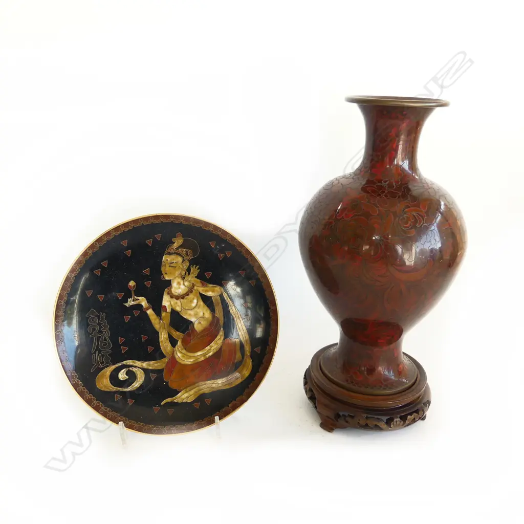 BROWN CLOISONNE VASE ON STAND H.270mm + PLATE 180mm dia Image 1++