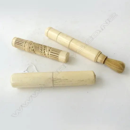 3 BONE PCES; CALLIGRAPHY BRUSH, CRICKET CAGE, CONTAINER L.215mm