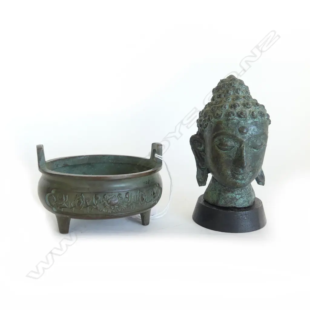 BRONZE BUDDHA HEAD H.100mm + INCENSE BURNER 90mm dia Image 1++