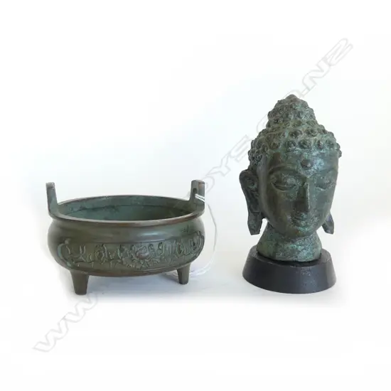 BRONZE BUDDHA HEAD H.100mm + INCENSE BURNER 90mm dia