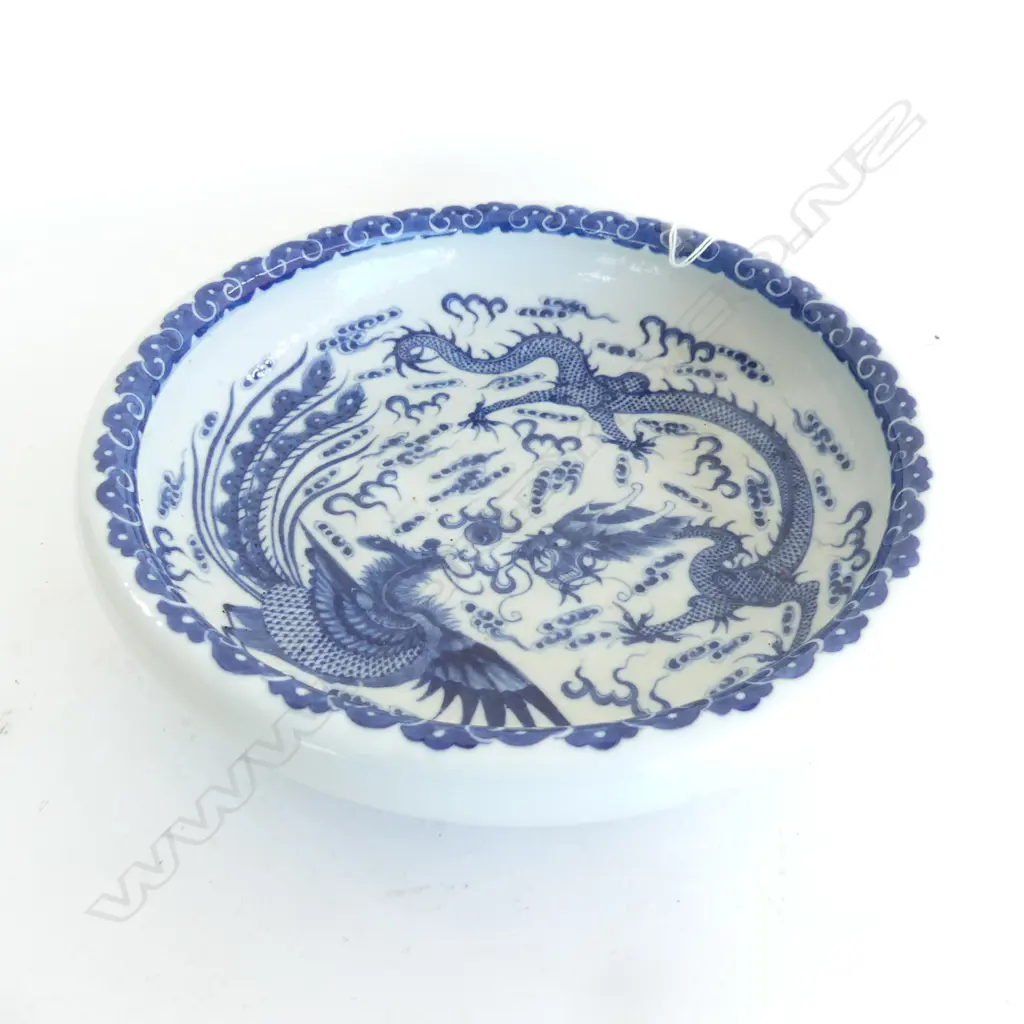 CHINESE BLUE & WHITE BOWL W DRAGONS & PHOENIX. Dia.260mm character marks & labels to base Image 1++