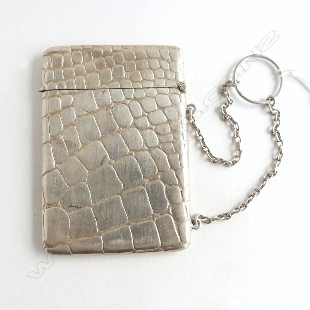 STG SILVER CARD CASE w. CROCODILE SKIN DESIGN, B'HAM 1904 95x65mm 65gms Image 1++