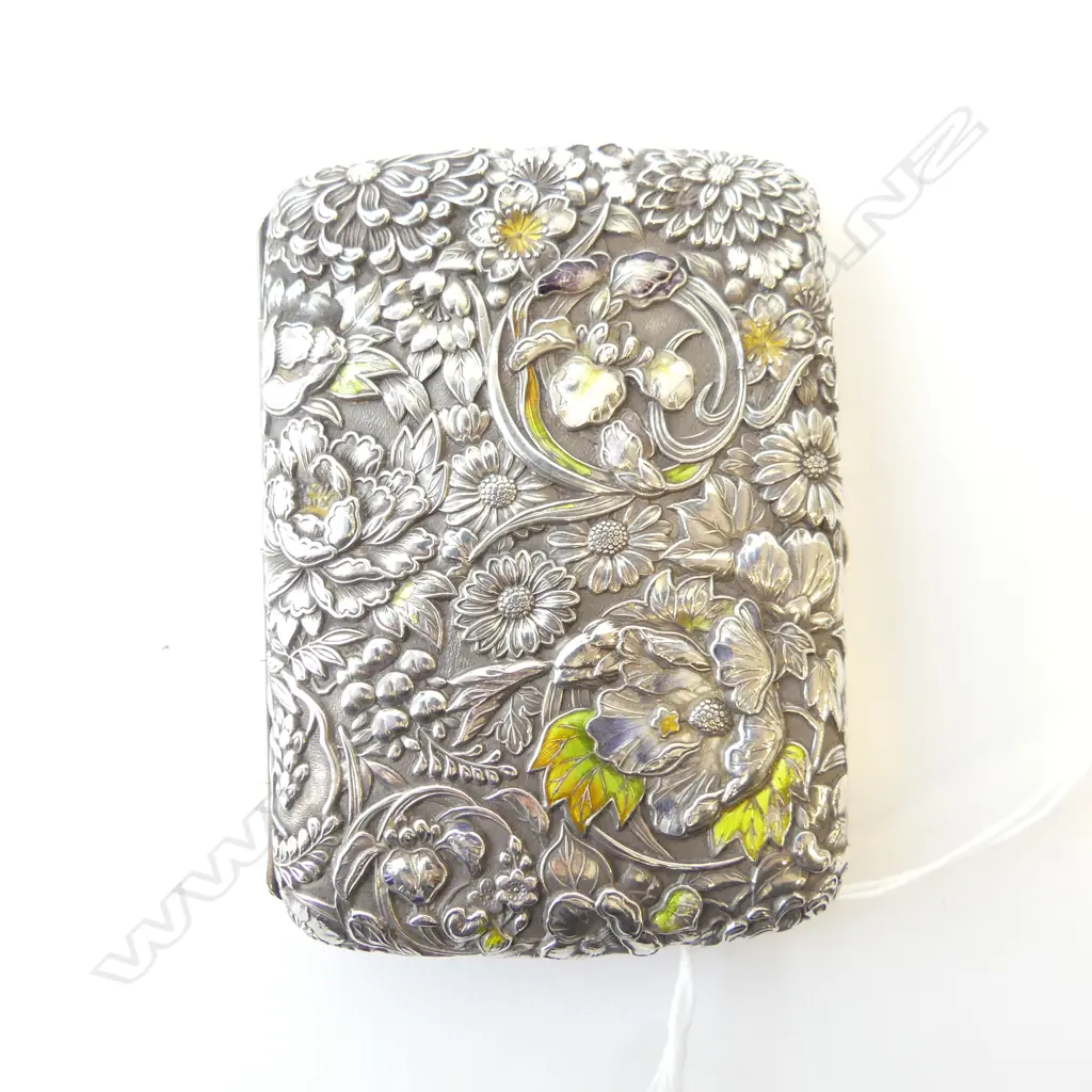 ART NOUVEAU SILVER & ENAMEL CIGARETTE CASE some losses to enamel 80gms Image 1++