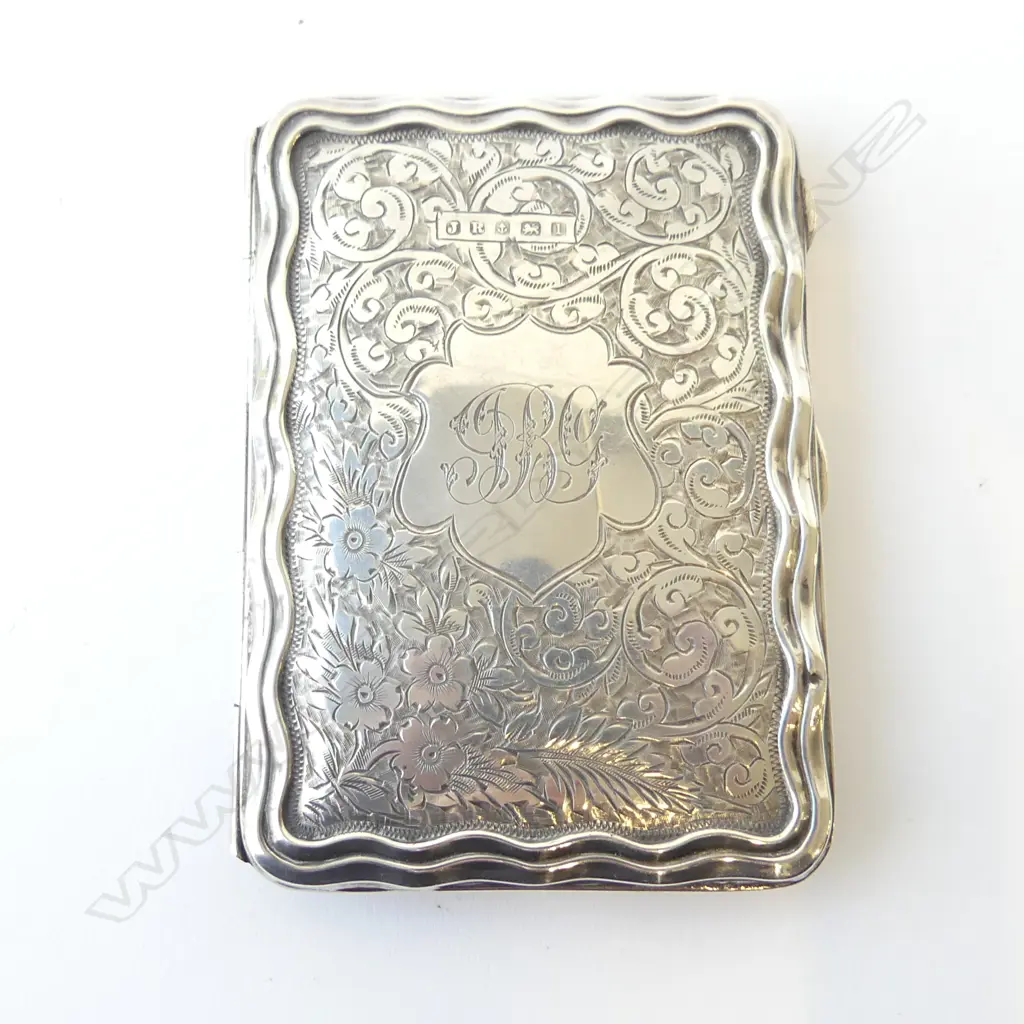 EDWARDIAN BIRMINGHAM 1910 SILVER ENGRAVED CARD CASE leather compartment interior 70gms Image 1++