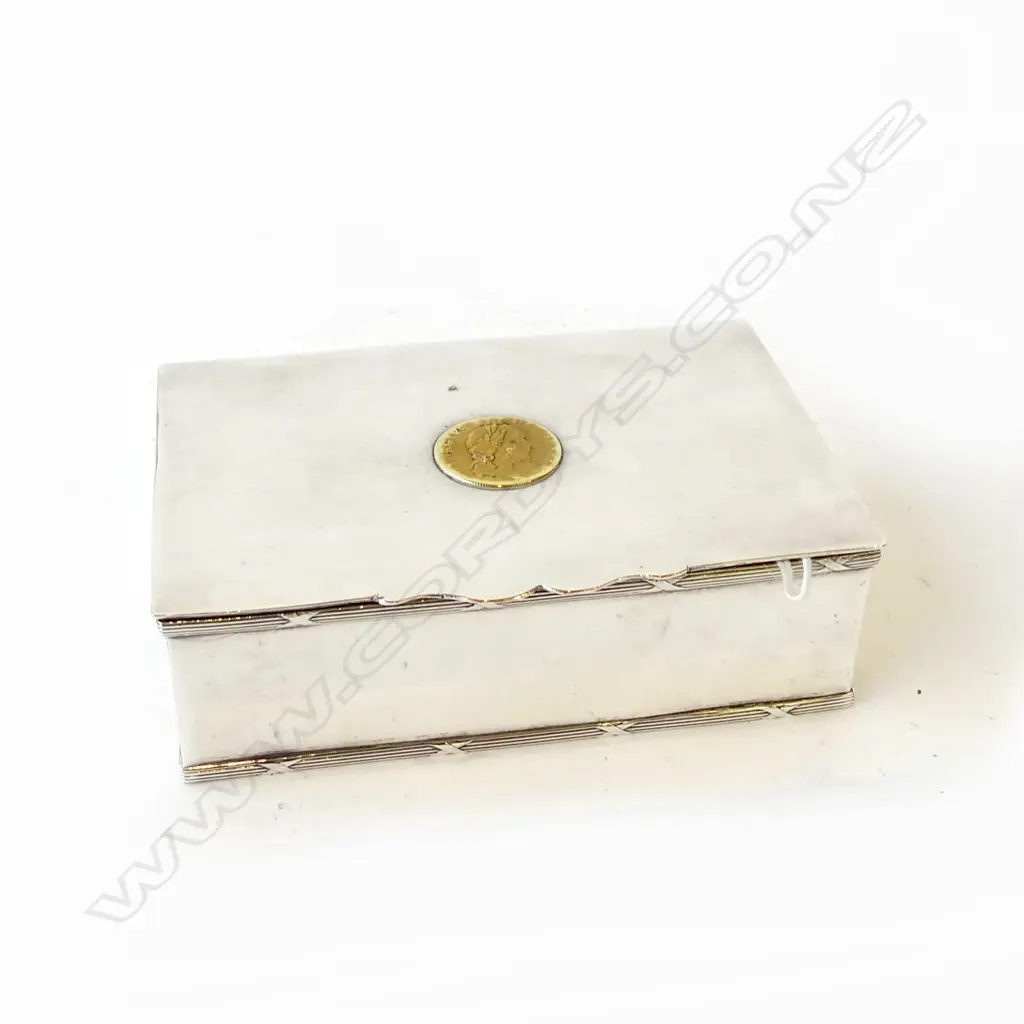SILVER PLATE ON COPPER LIDDED BOX with old coin to lid 315 x 90mm Image 1++