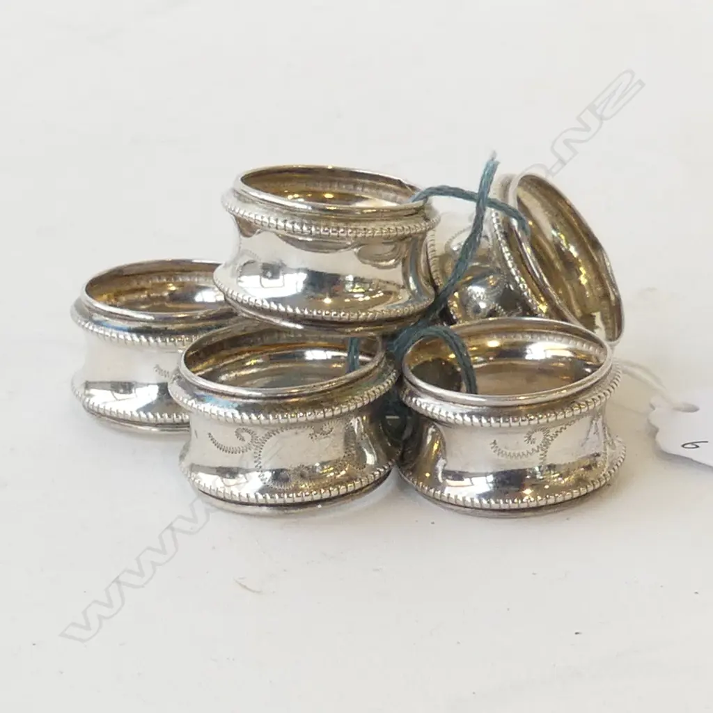 SET OF SIX 800 SILVER SMALL BEADED EDGE NAPKIN RINGS STAMPED 800, D.25MM Image 1++