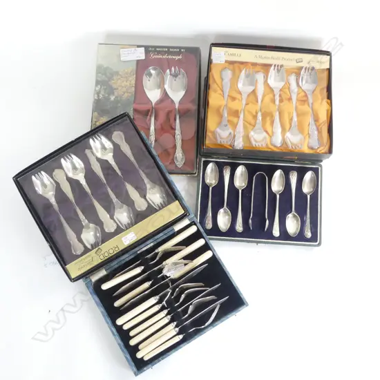 SIX PLATED BOXED CUTLERY SETS , SPOONS FISH SET & ONE IN WOODEN BOX. 