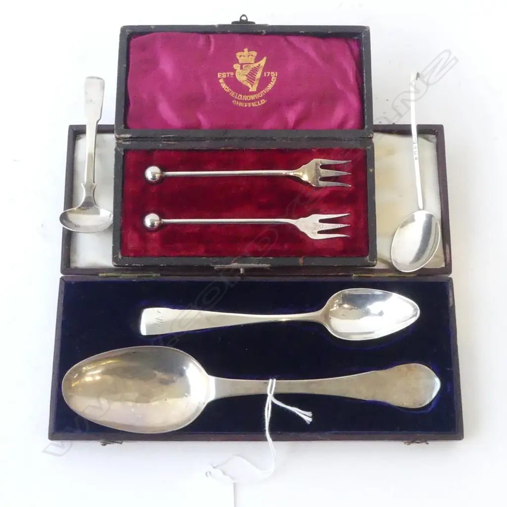 4 ANTIQUE STG SILVER SPOONS, 57gms + PR EP FORKS Image 1++