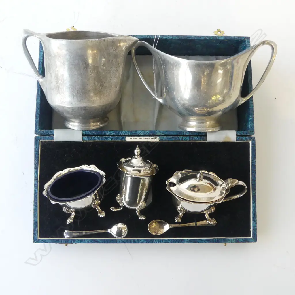  BOXED 'ANGORA' BRAND ENGLISH PLATED CRUET SET WITH BLUE GLASS LINERS & PICQUOTWARE SUGAR &MILK JUG.  Image 1++