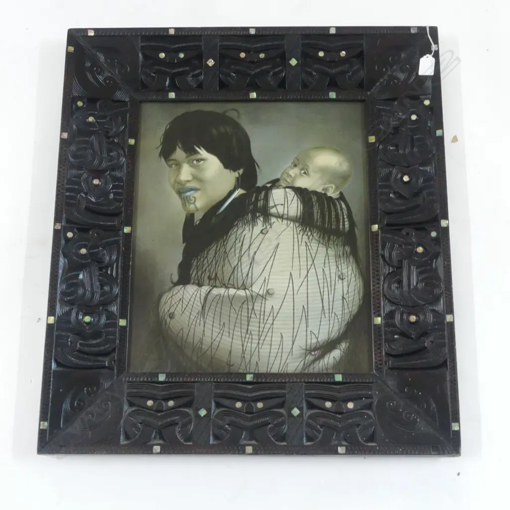 LINDAUER PRINT 'ANA RUPENE & CHILD' 455x380mm IN CARVED WOODEN FRAME, MAORI DESIGN w. PAUA INLAY 710x630mm Image 1++