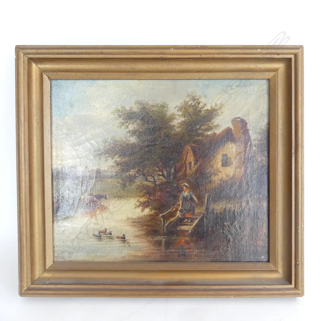 C1830 OIL ON CANVAS on board Pond Scene Woman feeding ducks Signed. 215 x 250mm  Image 1++