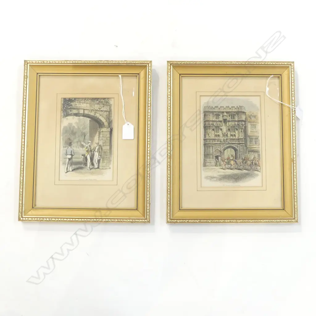 2 HAND COLOURED ETCHINGS, ETON & CANTERBURY 180x115mm Image 1++