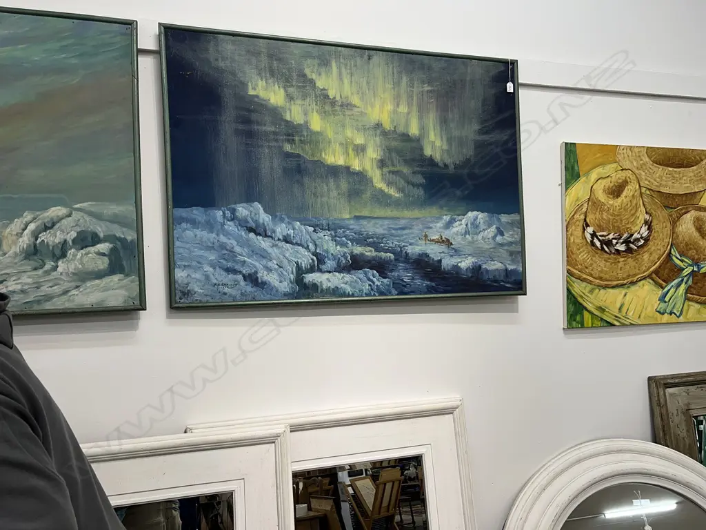 LARGE OIL ANTARCTIC SOUTHERN LIGHTS SIGNED RIX CARLTON L1220 H860mm Image 1++