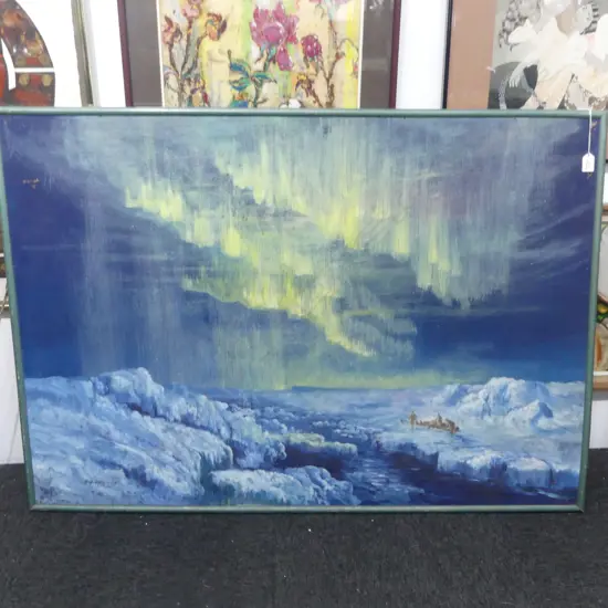 LARGE OIL ANTARCTIC SOUTHERN LIGHTS SIGNED RIX CARLTON L1220 H860mm