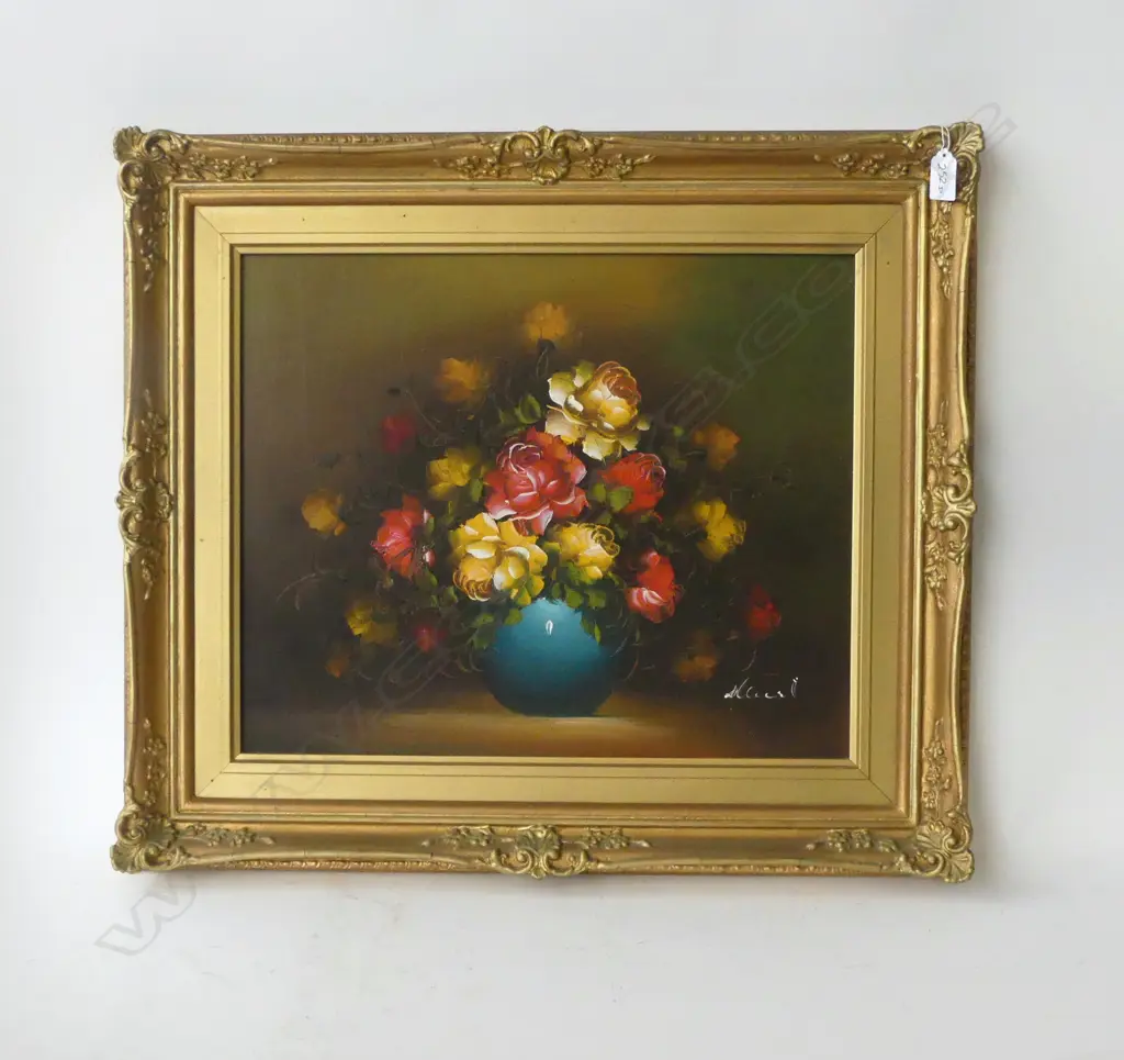 SIGNED ROSES STILL LIFE, OIL ON BOARD, 385x470mm Image 1++