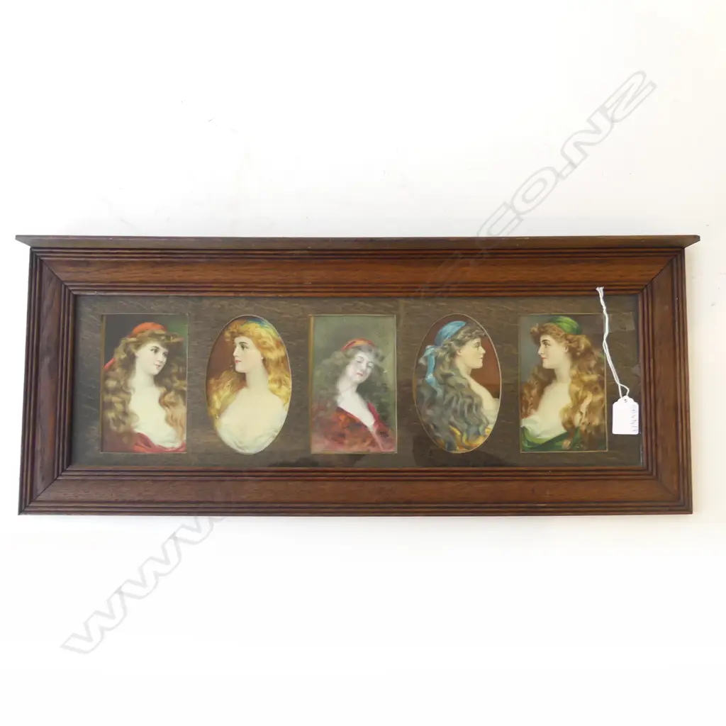 5 EARLY 20thC ASTI GIRL PORTRAIT PRINTS IN OAK FRAME 260x640mm Image 1++