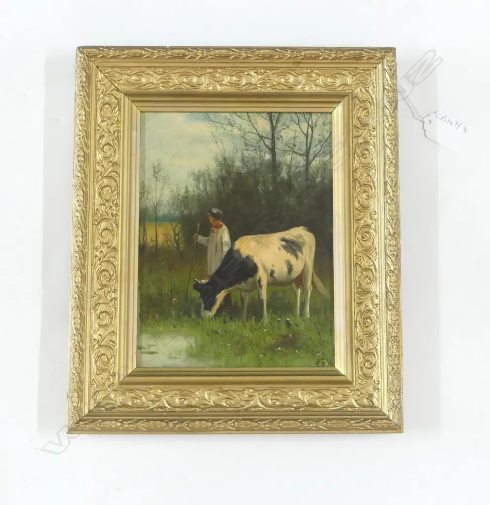 OIL ON CANVAS, FARMER w. COW, INITIALLED 'W.F.H' 190x140mm Image 1++