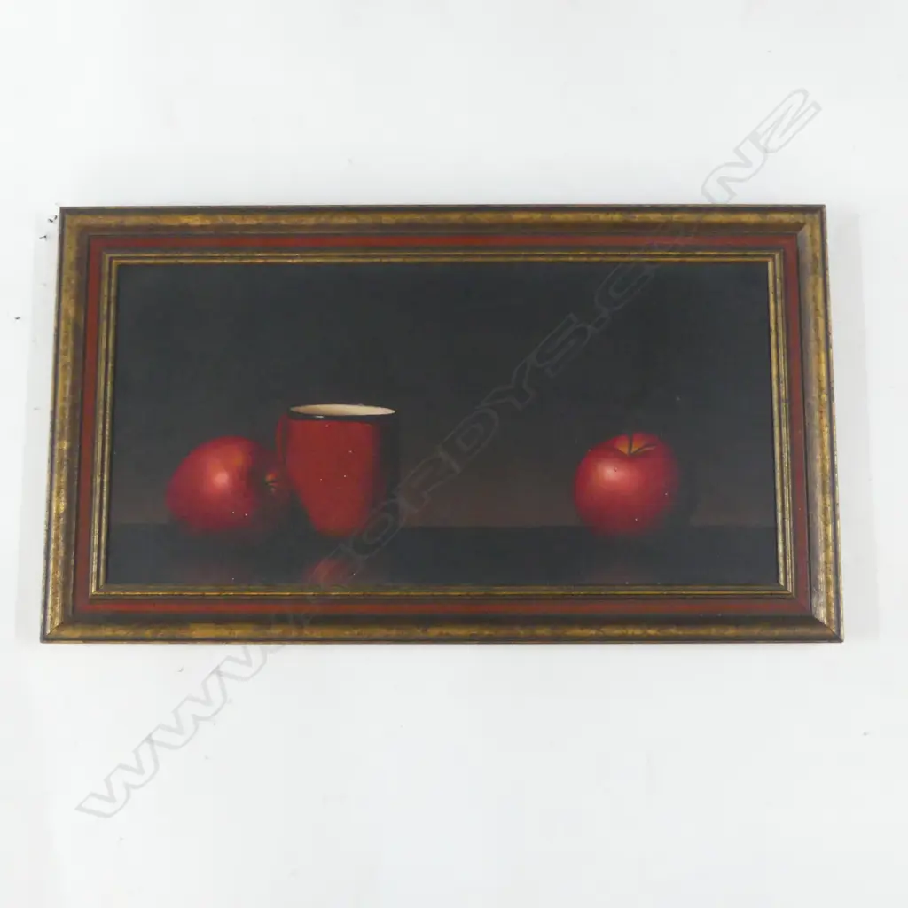 SIGNED STILL LIFE w. APPLES, OIL ON CANVAS 290x590mm Image 1++